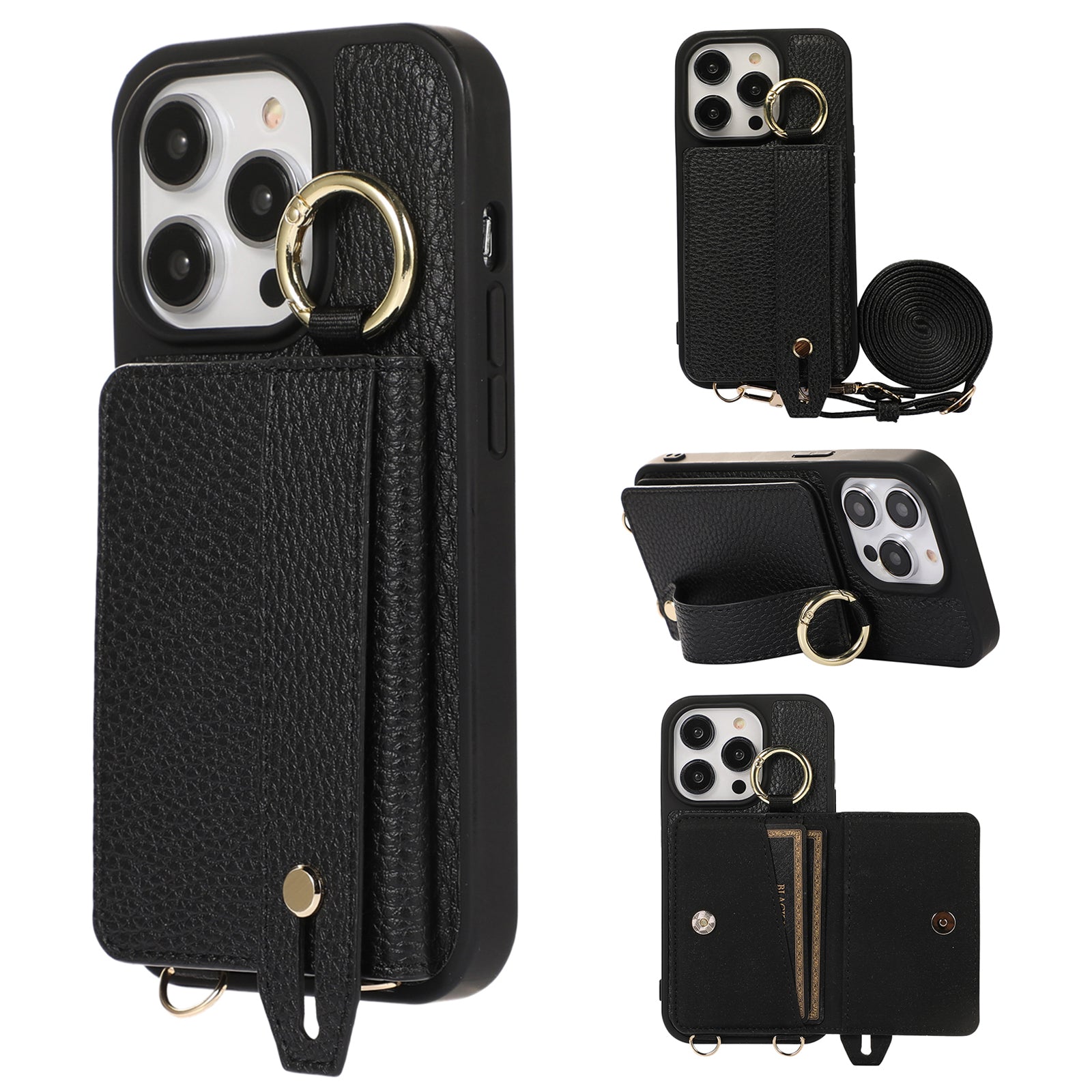 For iPhone 14 Pro Card Holder Phone Cover Hand Strap Kickstand Leather TPU Case with Shoulder Strap For iPhone 14 Pro Card Holder Phone Cover Hand Strap Kickstand Leather TPU Case with Shoulder Strap